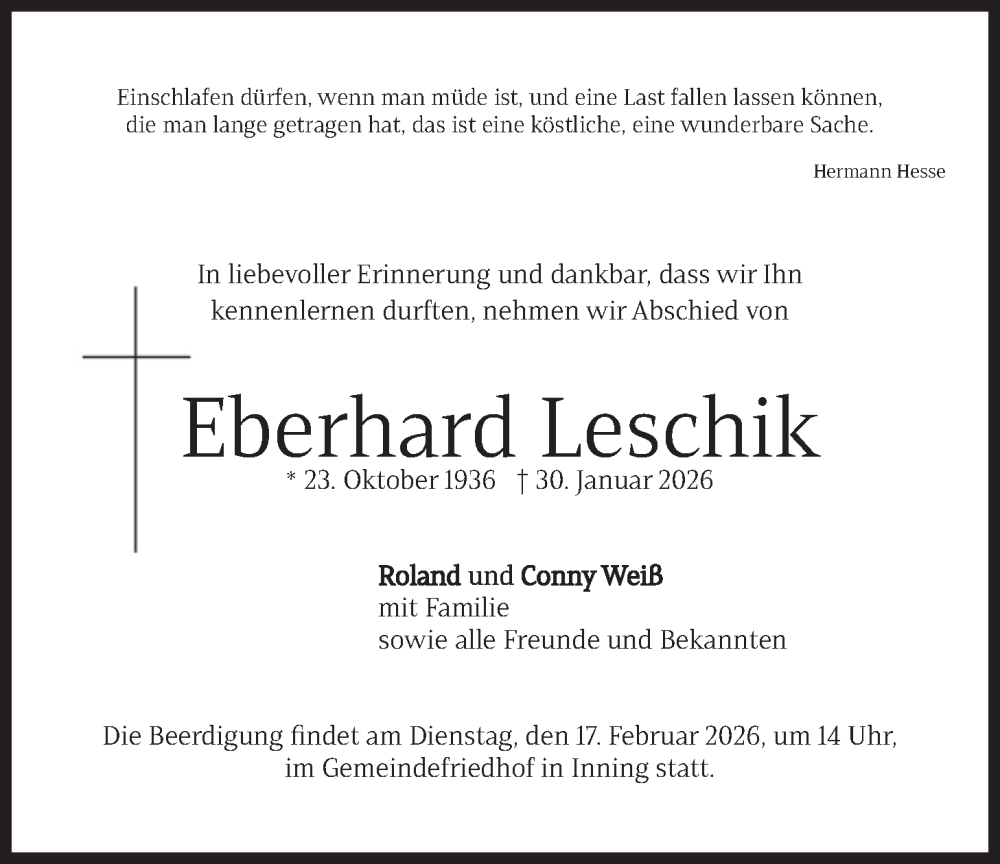  Traueranzeige für Eberhard Leschik vom 07.02.2026 aus merkurtz
