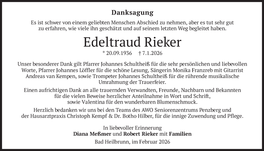  Traueranzeige für Edeltraud Rieker vom 06.02.2026 aus merkurtz