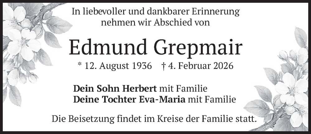  Traueranzeige für Edmund Grepmair vom 11.02.2026 aus merkurtz