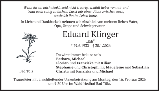 Traueranzeige von Eduard Klinger von merkurtz
