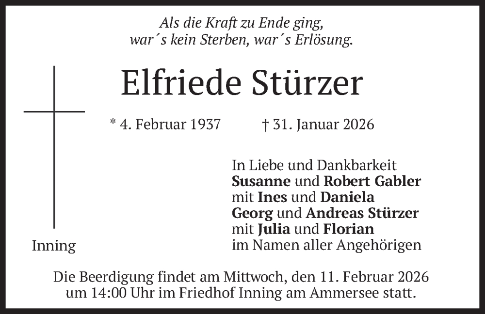  Traueranzeige für Elfriede Stürzer vom 07.02.2026 aus merkurtz