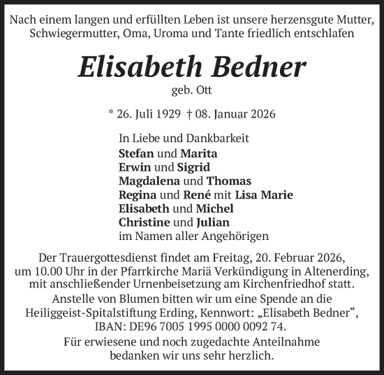 Traueranzeige von Elisabeth Bedner von merkurtz