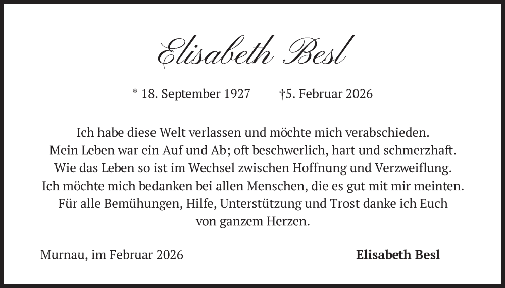  Traueranzeige für Elisabeth Besl vom 11.02.2026 aus merkurtz