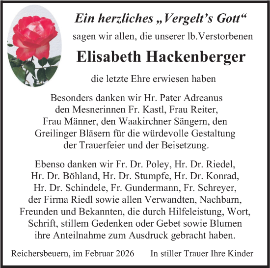 Traueranzeige von Elisabeth Hackenberger von merkurtz