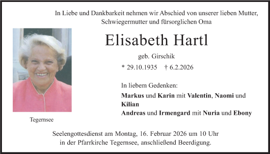 Traueranzeige von Elisabeth Hartl von merkurtz