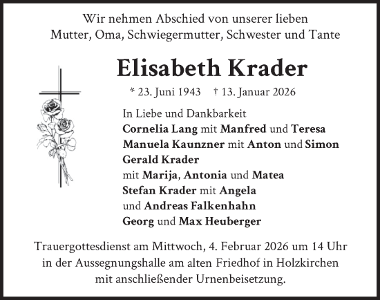 Traueranzeige von Elisabeth Krader von merkurtz