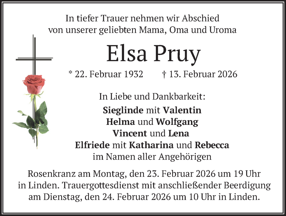  Traueranzeige für Elsa Pruy vom 21.02.2026 aus merkurtz
