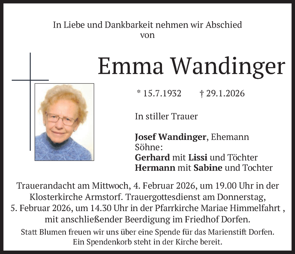  Traueranzeige für Emma Wandinger vom 03.02.2026 aus merkurtz