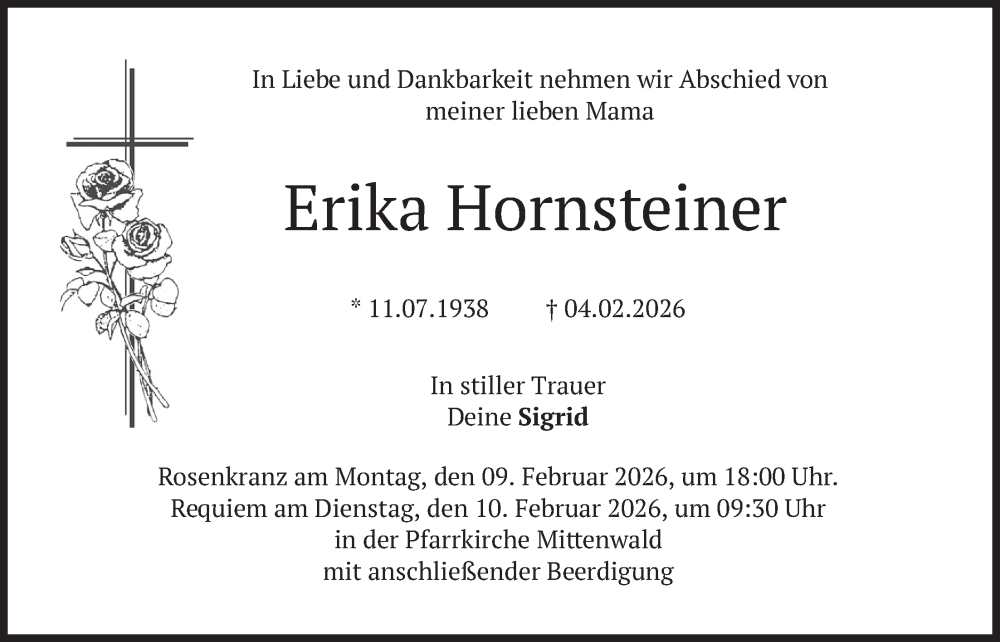  Traueranzeige für Erika Hornsteiner vom 07.02.2026 aus merkurtz