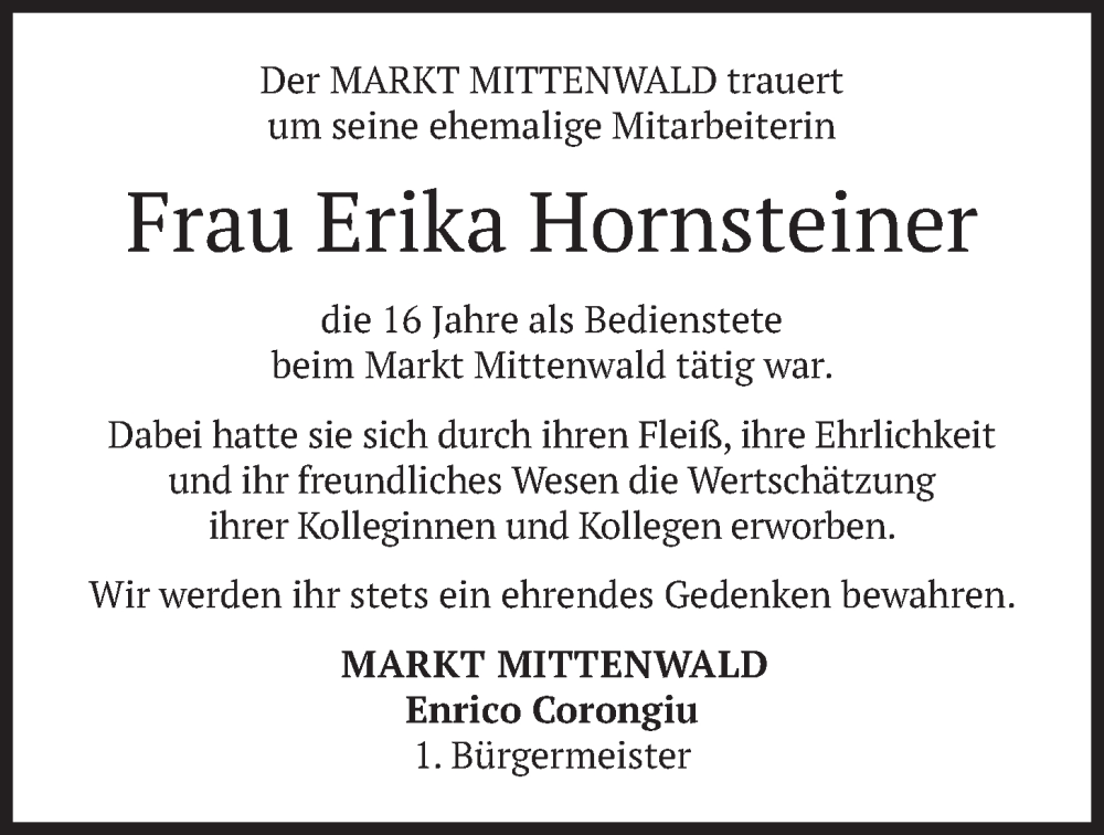  Traueranzeige für Erika Hornsteiner vom 10.02.2026 aus merkurtz