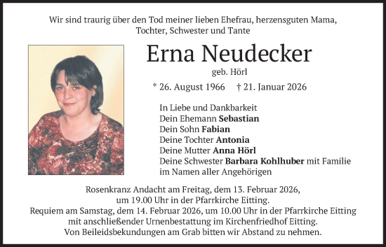 Traueranzeige von Erna Neudecker von merkurtz