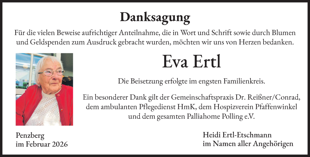  Traueranzeige für Eva Ertl vom 07.02.2026 aus Das Gelbe Blatt Penzberg