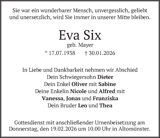 Traueranzeige von Eva Six von merkurtz