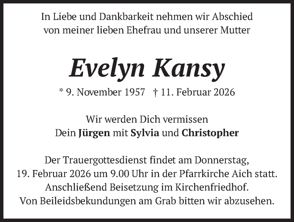  Traueranzeige für Evelyn Kansy vom 17.02.2026 aus merkurtz
