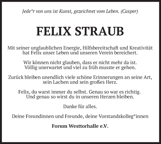 Traueranzeige von Felix Straub von merkurtz