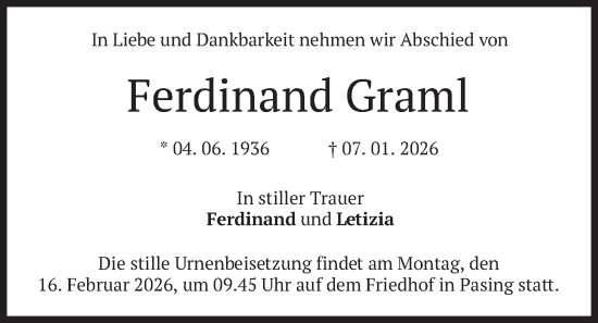 Traueranzeige von Ferdinand Graml von merkurtz