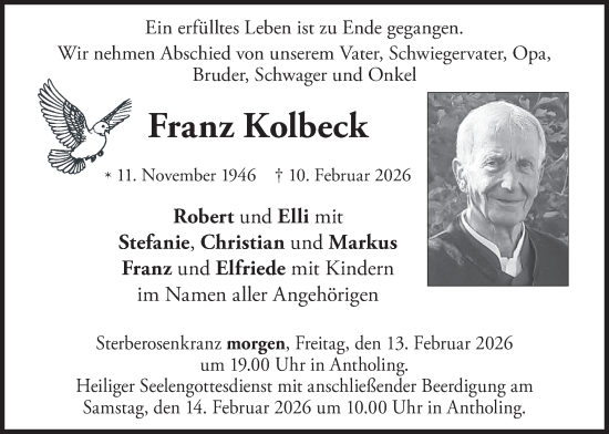 Traueranzeige von Franz Kolbeck von merkurtz