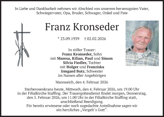 Traueranzeige von Franz Kronseder von merkurtz