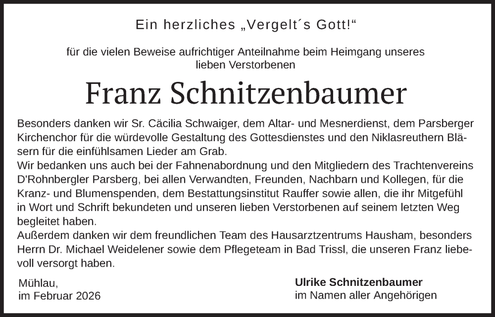  Traueranzeige für Franz Schnitzenbaumer vom 14.02.2026 aus merkurtz