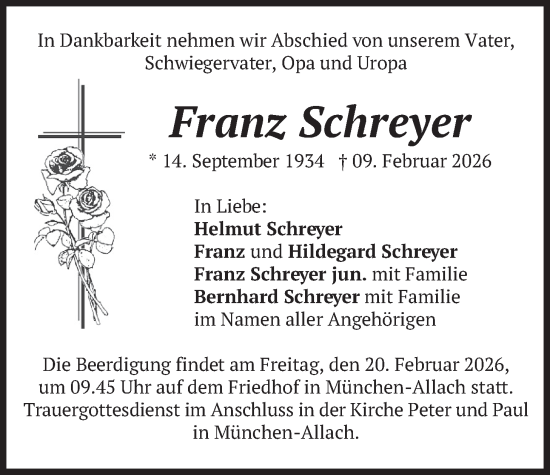 Traueranzeige von Franz Schreyer von merkurtz