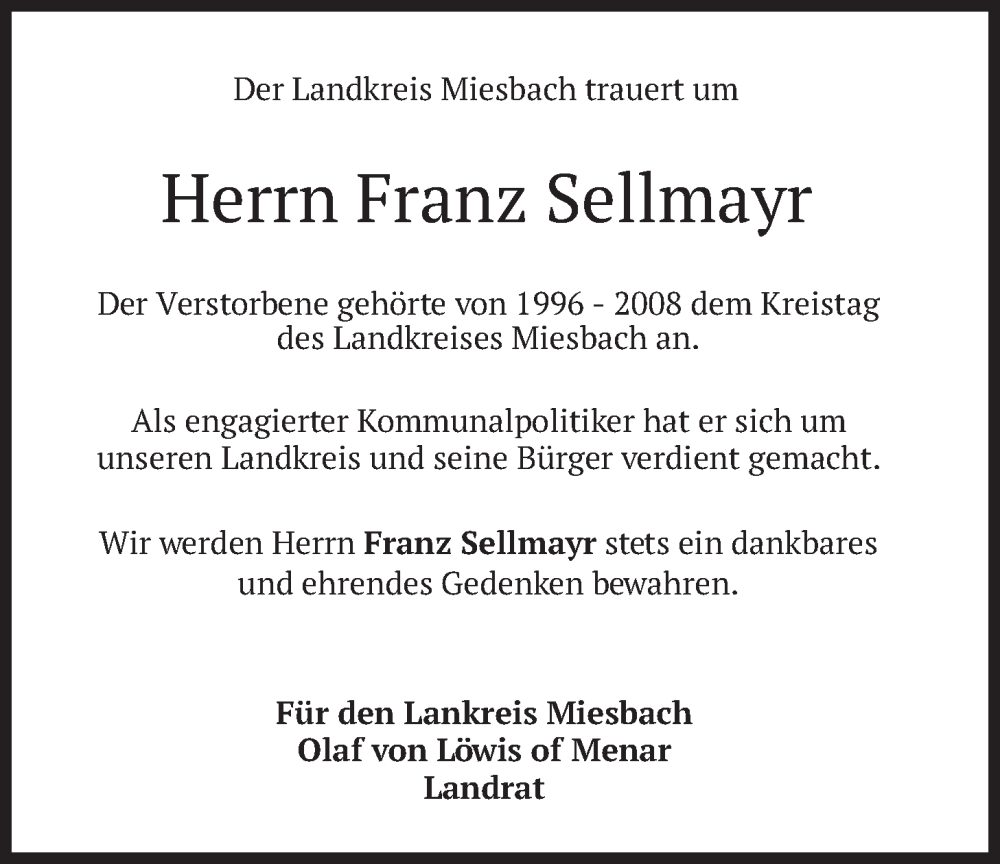  Traueranzeige für Franz Sellmayr vom 07.02.2026 aus merkurtz