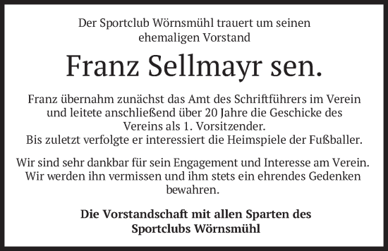 Traueranzeige von Franz Sellmayr von merkurtz