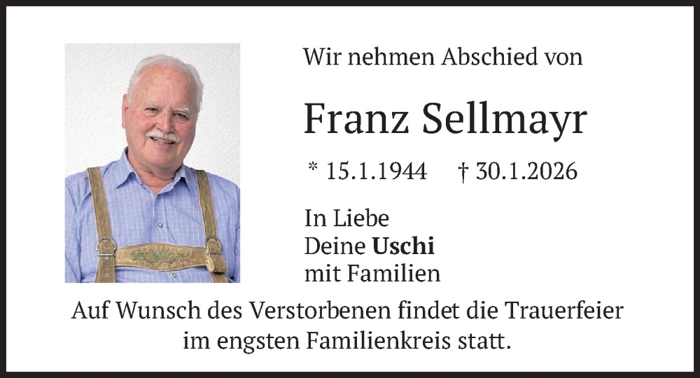  Traueranzeige für Franz Sellmayr vom 07.02.2026 aus merkurtz