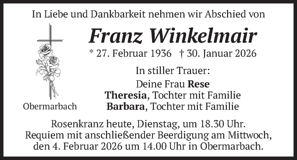  Traueranzeige für Franz Winkelmair vom 03.02.2026 aus merkurtz