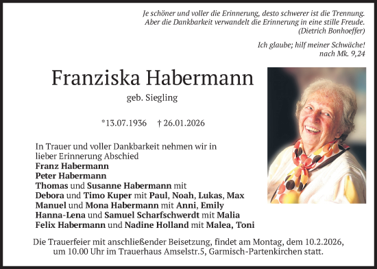 Traueranzeige von Franziska Habermann von merkurtz