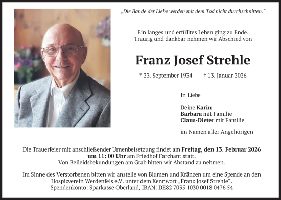 Traueranzeige von Franz Josef Strehle von merkurtz