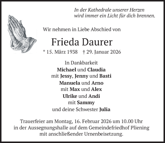 Traueranzeige von Frieda Daurer von merkurtz