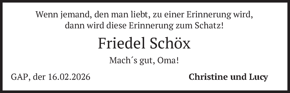  Traueranzeige für Friedel Schöx vom 18.02.2026 aus merkurtz