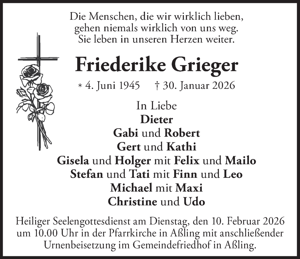  Traueranzeige für Friederike Grieger vom 07.02.2026 aus merkurtz