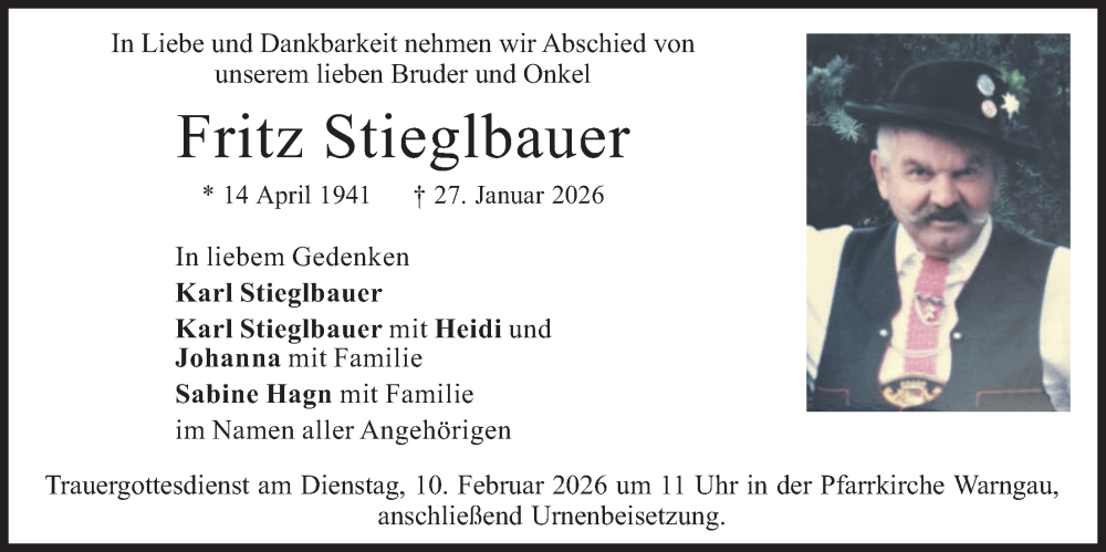 Traueranzeige für Fritz Stieglbauer vom 07.02.2026 aus merkurtz