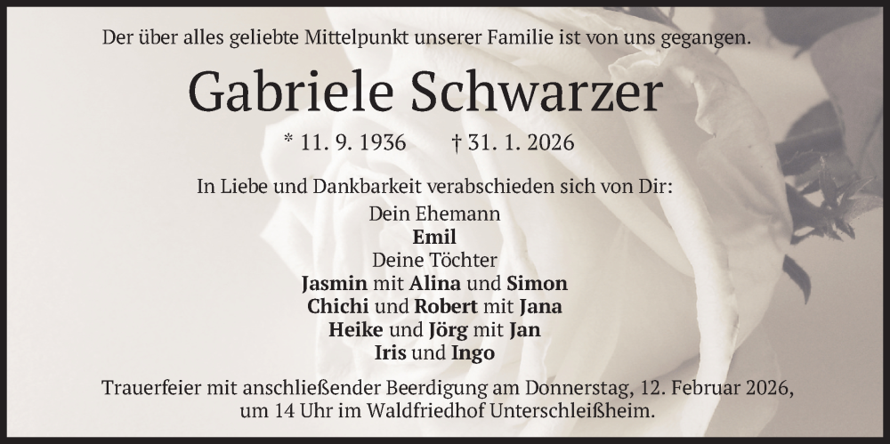  Traueranzeige für Gabriele Schwarzer vom 07.02.2026 aus merkurtz
