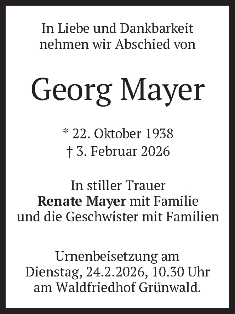  Traueranzeige für Georg Mayer vom 14.02.2026 aus merkurtz