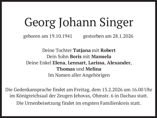 Traueranzeige von Georg Johann Singer von merkurtz