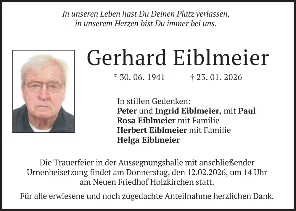  Traueranzeige für Gerhard Eiblmeier vom 07.02.2026 aus merkurtz