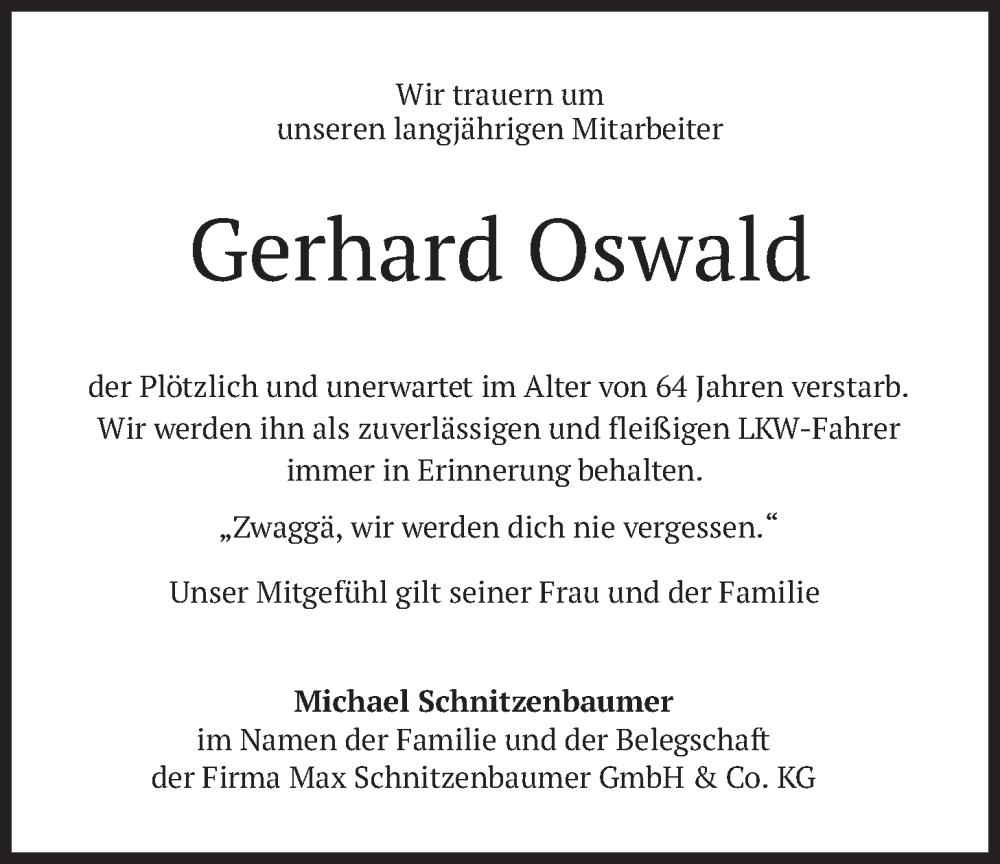  Traueranzeige für Gerhard Oswald vom 10.02.2026 aus merkurtz