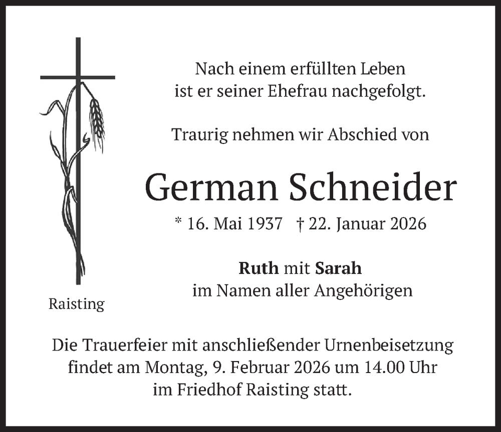  Traueranzeige für German Schneider vom 05.02.2026 aus merkurtz