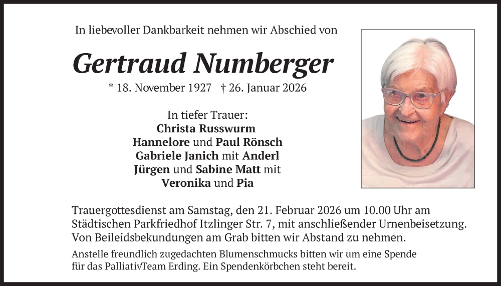  Traueranzeige für Gertraud Numberger vom 14.02.2026 aus merkurtz