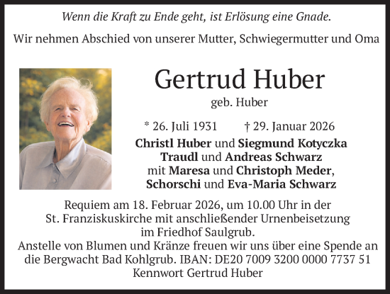 Traueranzeige von Gertrud Huber von merkurtz