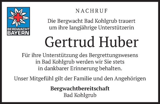 Traueranzeige von Gertrud Huber von merkurtz