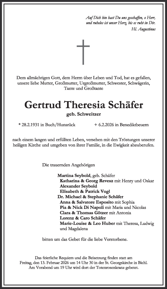 Traueranzeige von Gertrud Theresia Schäfer von merkurtz