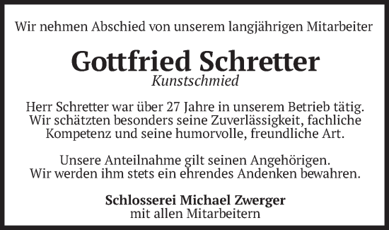 Traueranzeige von Gottfried Schretter von merkurtz