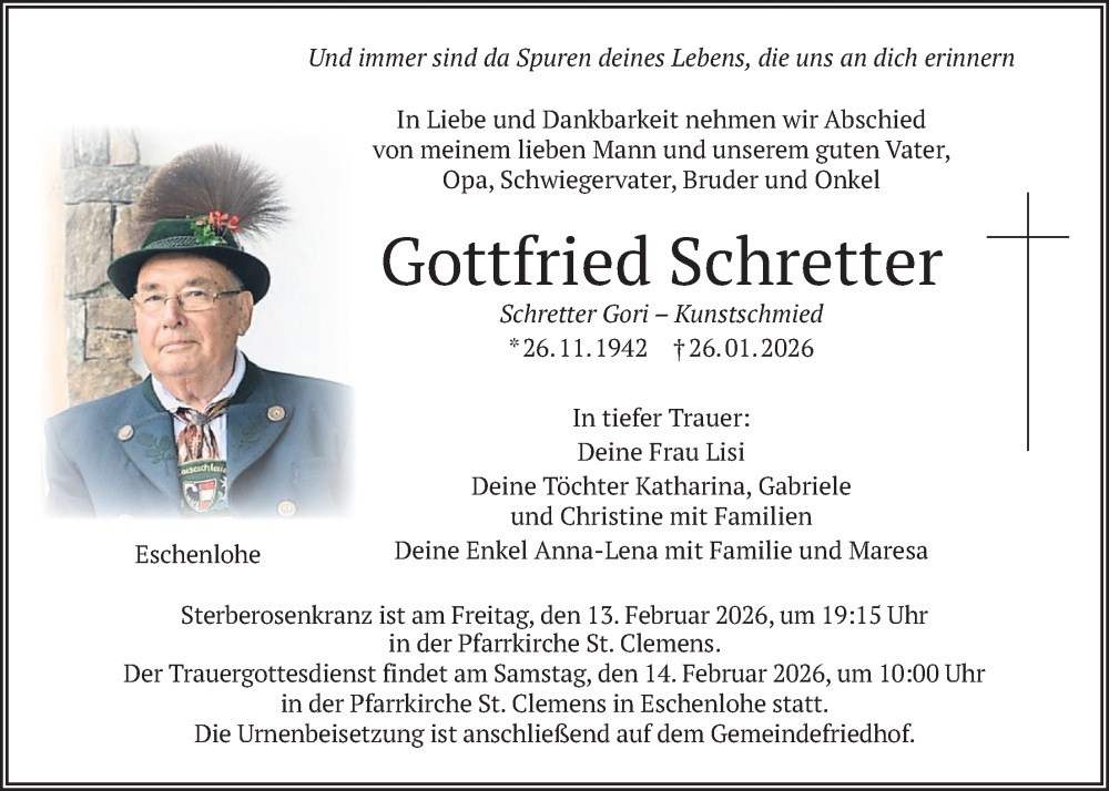  Traueranzeige für Gottfried Schretter vom 07.02.2026 aus merkurtz