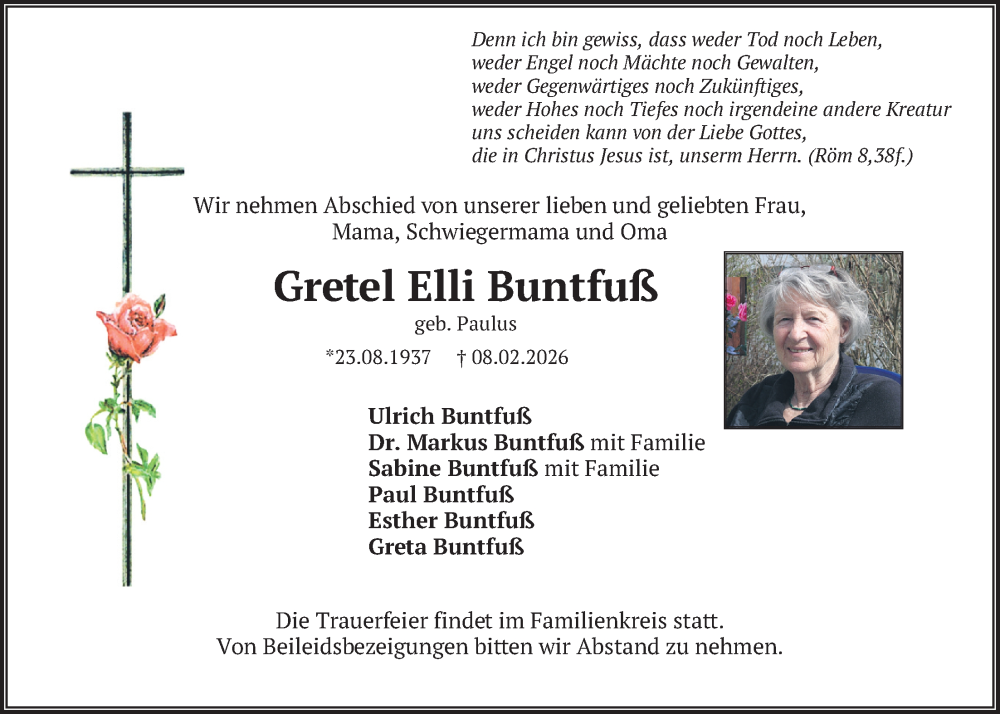  Traueranzeige für Gretel Elli Buntfuß vom 14.02.2026 aus merkurtz