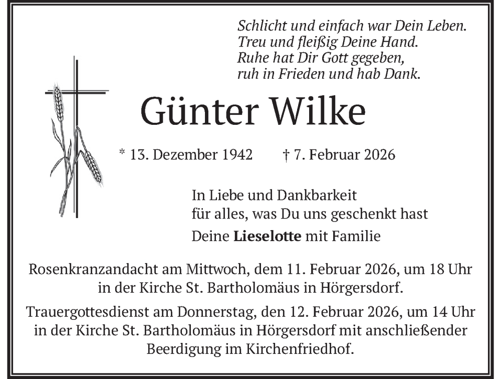  Traueranzeige für Günter Wilke vom 10.02.2026 aus merkurtz