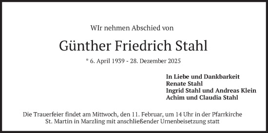 Traueranzeige von Günther Friedrich Stahl von merkurtz