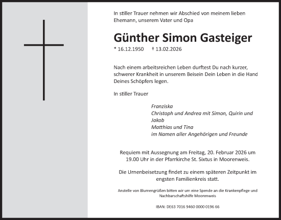Traueranzeige von Günther Simon Gasteiger von merkurtz